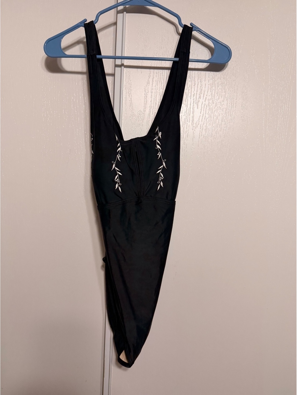 Women’s Black One Piece Swimsuit Size 14 Plunge Embroidered Floral Swimwear
